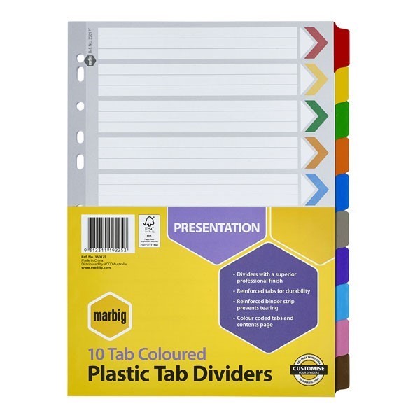 Marbig Dividers 10 Tab Reinforced A4 Assorted